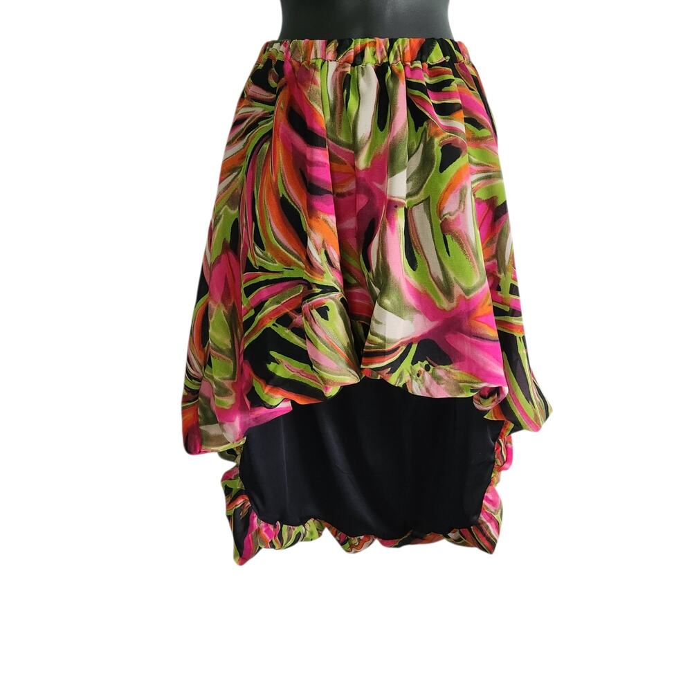Tropical print high low skirt pink green black size S